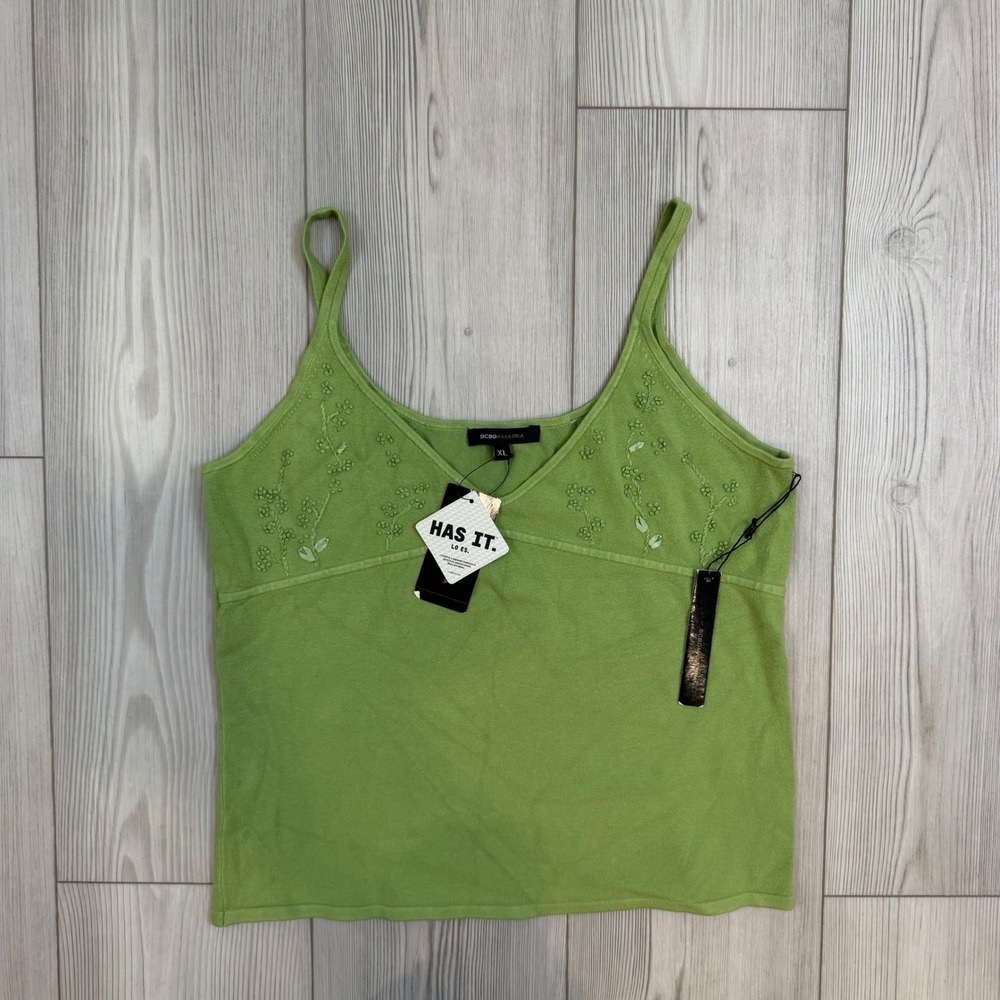 BCBGMAXAZRIA Green Knit Floral Embroidered Camisole Top BC4L1665 XL NWT Y2K
